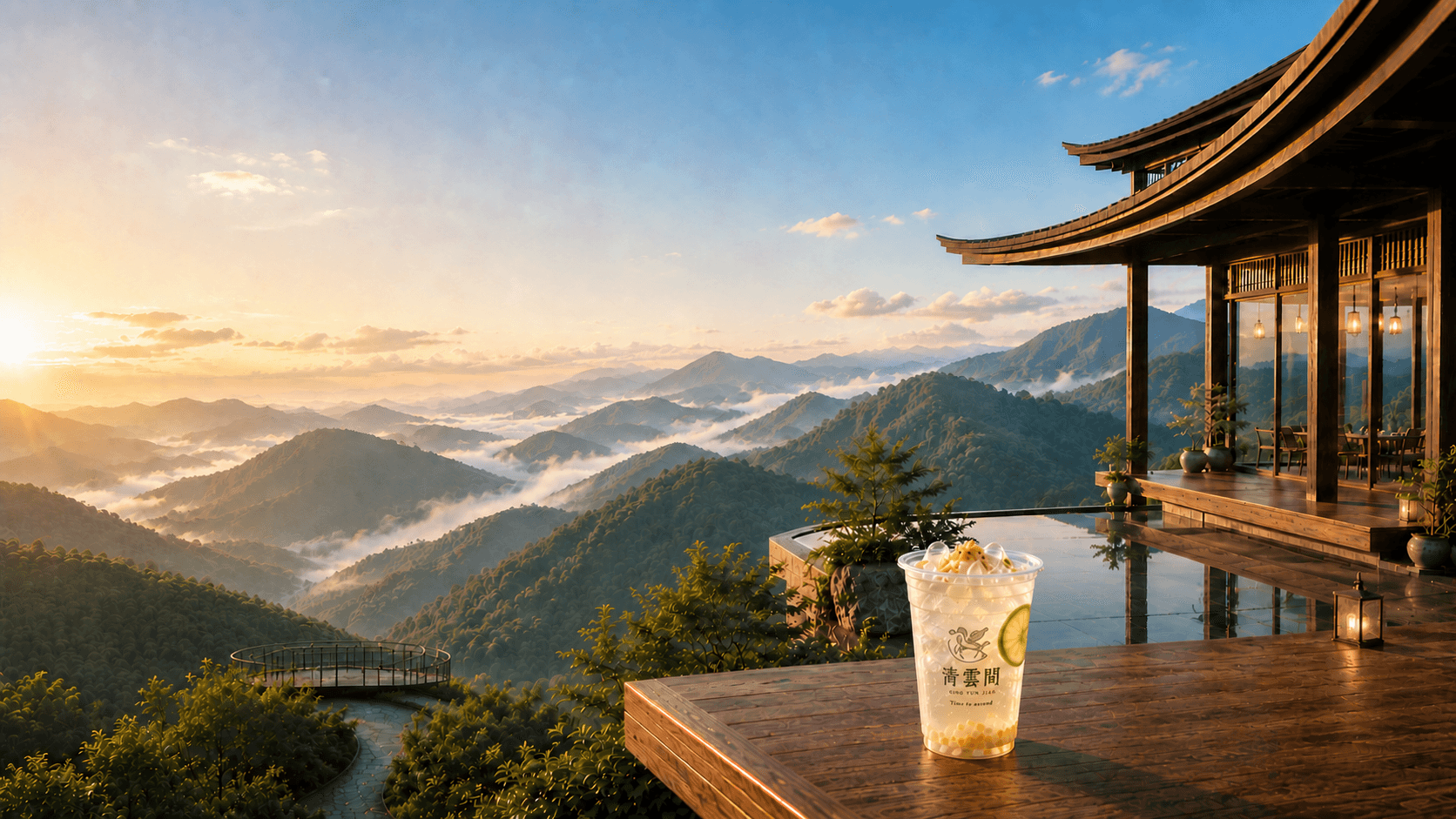 Luna Tide sparkling tea on a wooden terrace overlooking the mountains
